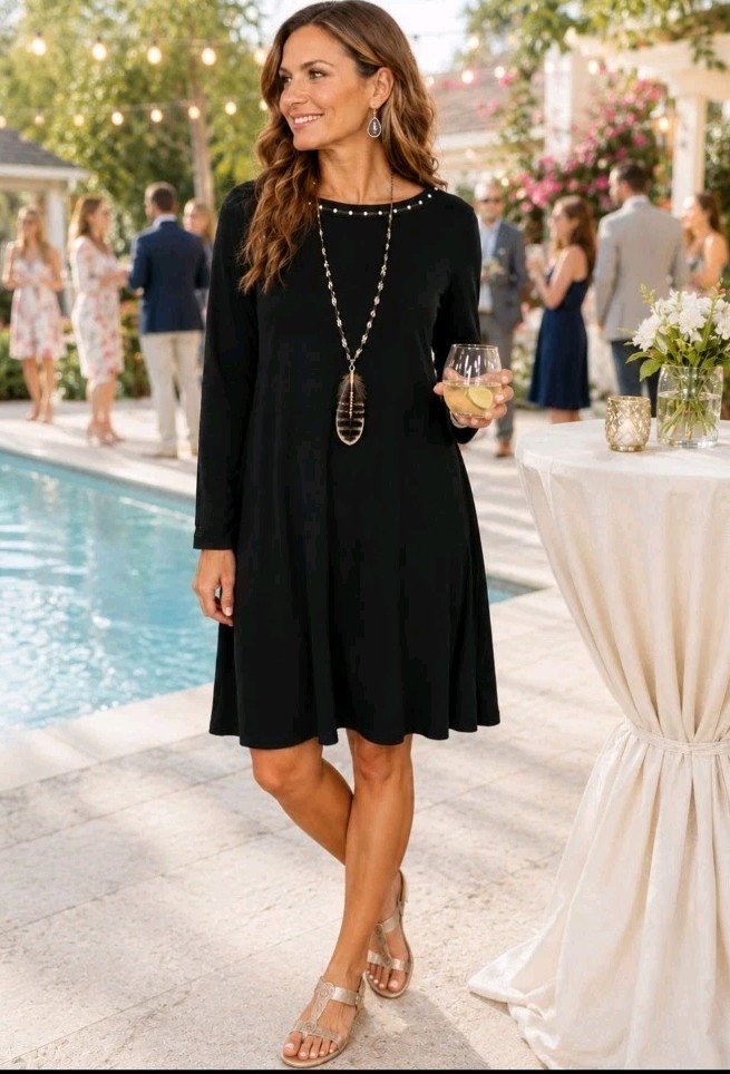 J. Jill Wearever Dress Size XL Black Pearl Trim Long Sleeve Knit Stretch NWT