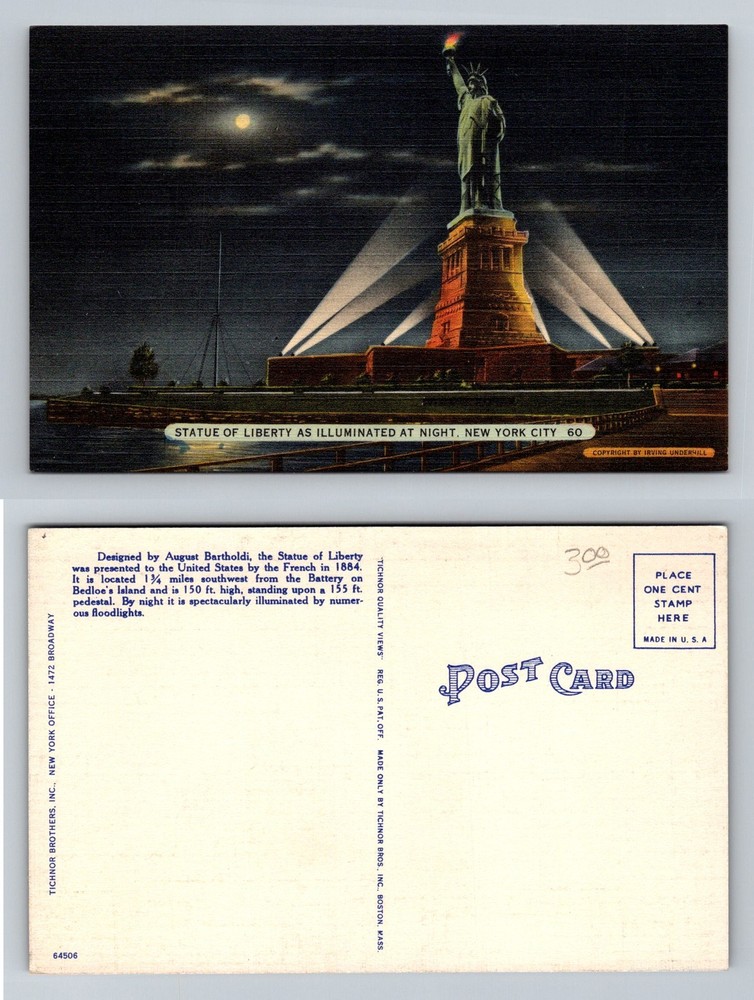 New York City NY, Statue of Liberty Illuminated Skyline Vintage Postcard