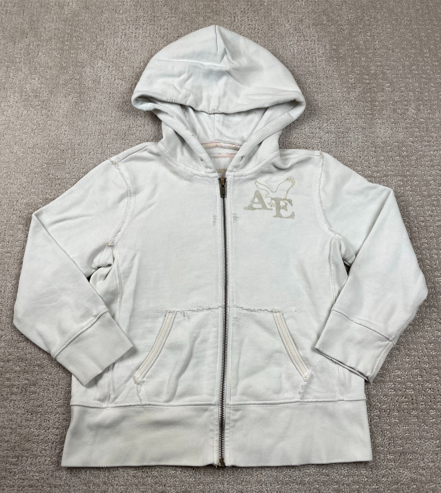 Vintage American Eagle Hoodie Womens M White Full Zip Sweatshirt Grunge 77 Y2K