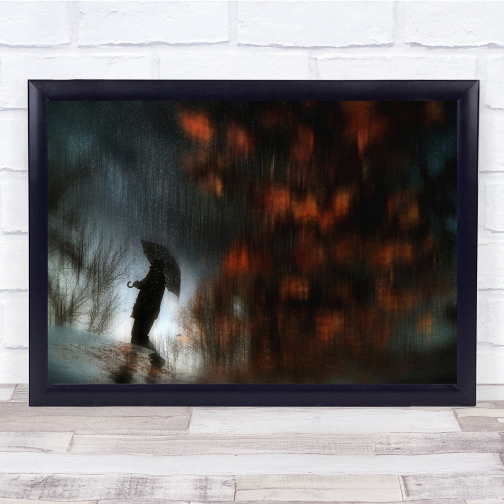 Street Puddle Reflection Silhouette Umbrella Leaves Wall Art Print