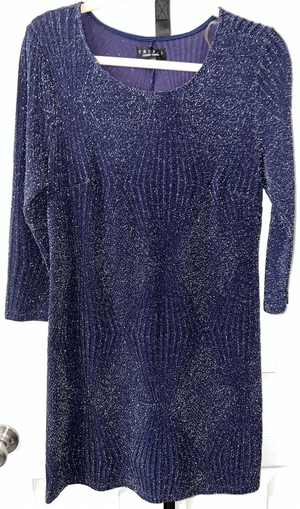 Trixxi Women's Blue Sparkle Shimmer Metallic 3/4 Sleeve Dress Size L