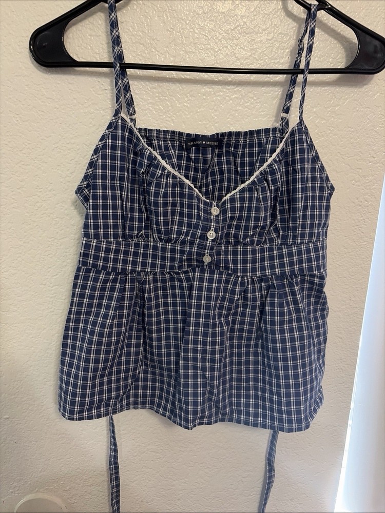 Brandy Melville Blue & White Plaid Button Front V-Neck Cami Tank Top S