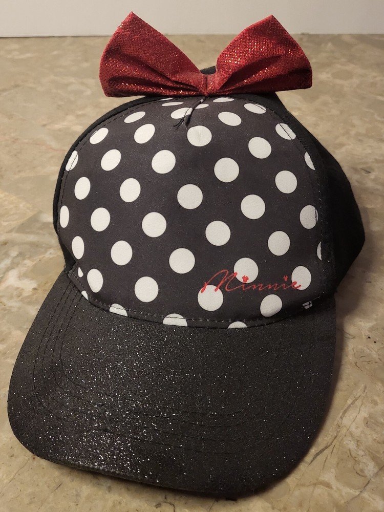 Girls Minnie Mouse Hat Baseball Style Cap Black Glitter Bill Adjustable Red Bow