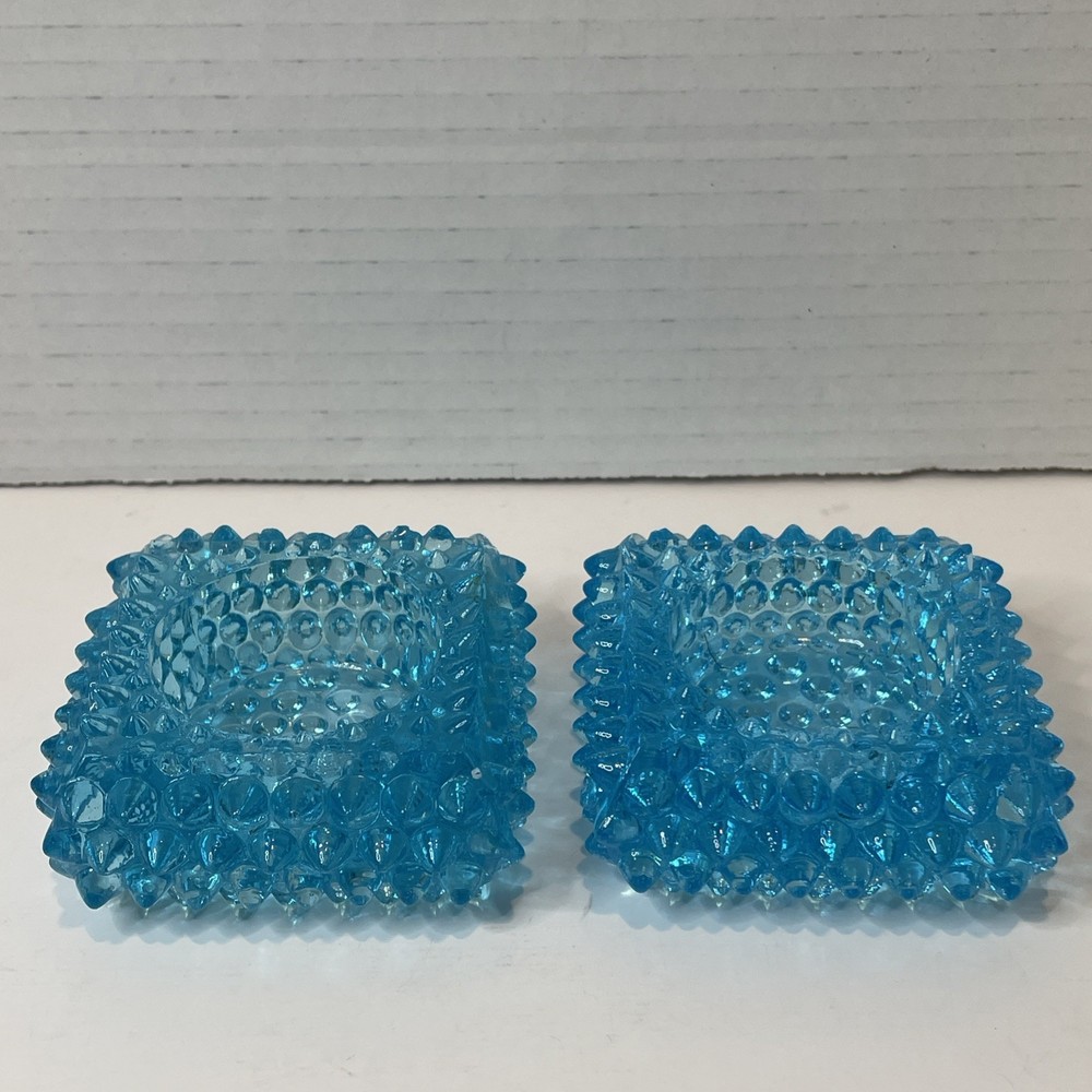 Vintage Fenton Glass Hobnail Spiked Aqua Blue Tea Light Candle Holders Set Of 2