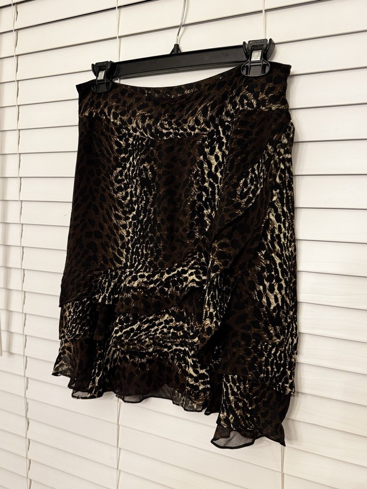Y2K Express Womens Silk Animal Print Mini Skirt M Ruffle Layered Going Out Party