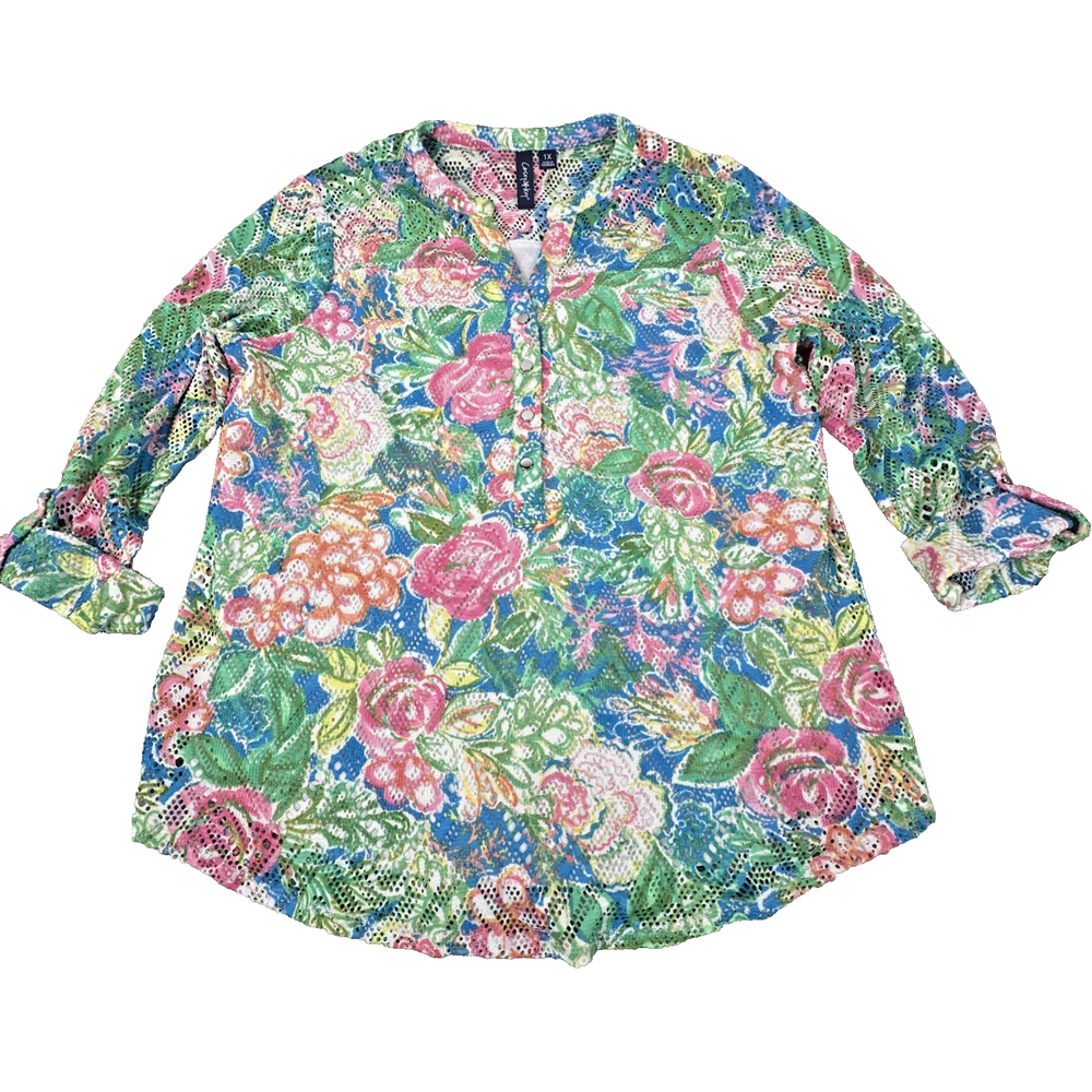 Casey Key Floral Print Blouse Women 1X Multicolor Tunic Top Flowy Colorful Art