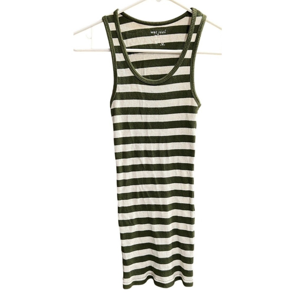 Y2K Wet Seal Ribbed Cotton Tank Top Green White Stripes Medium