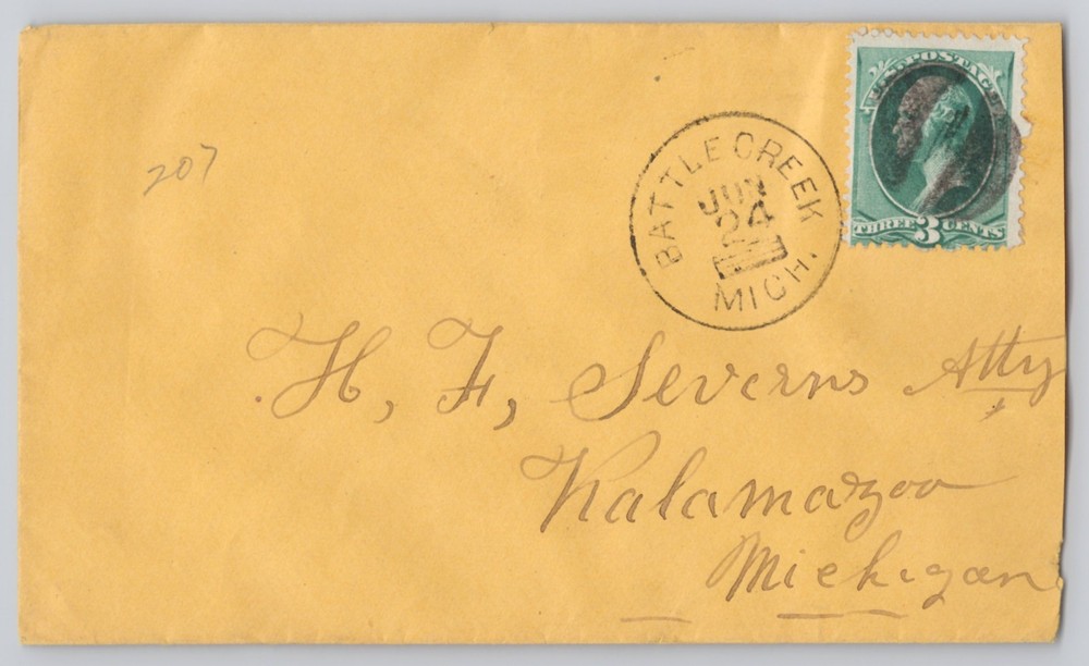 Battle Creek, Mich., 3c Washington stamp cover with circular cancel