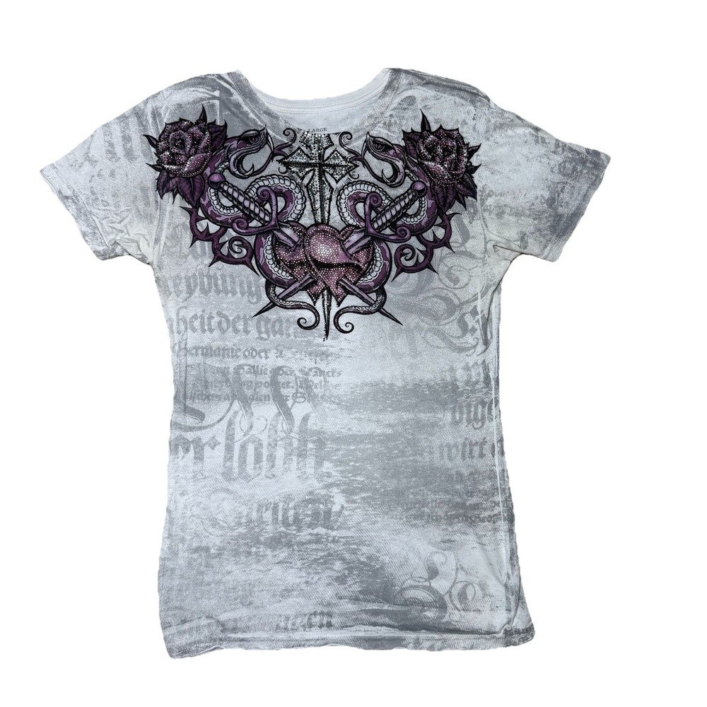 Affliction Sinful Graphic Shirt Womens Size Large Y2k Goth Grunge Hearts Swords