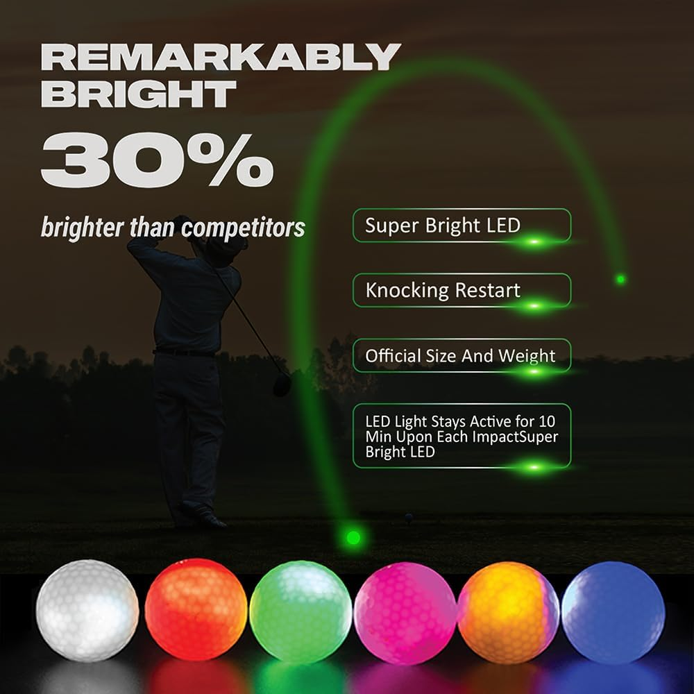 Glow in the Dark Golf Balls 6-Pack LED Light up Golf Balls Set Fun Night Golf