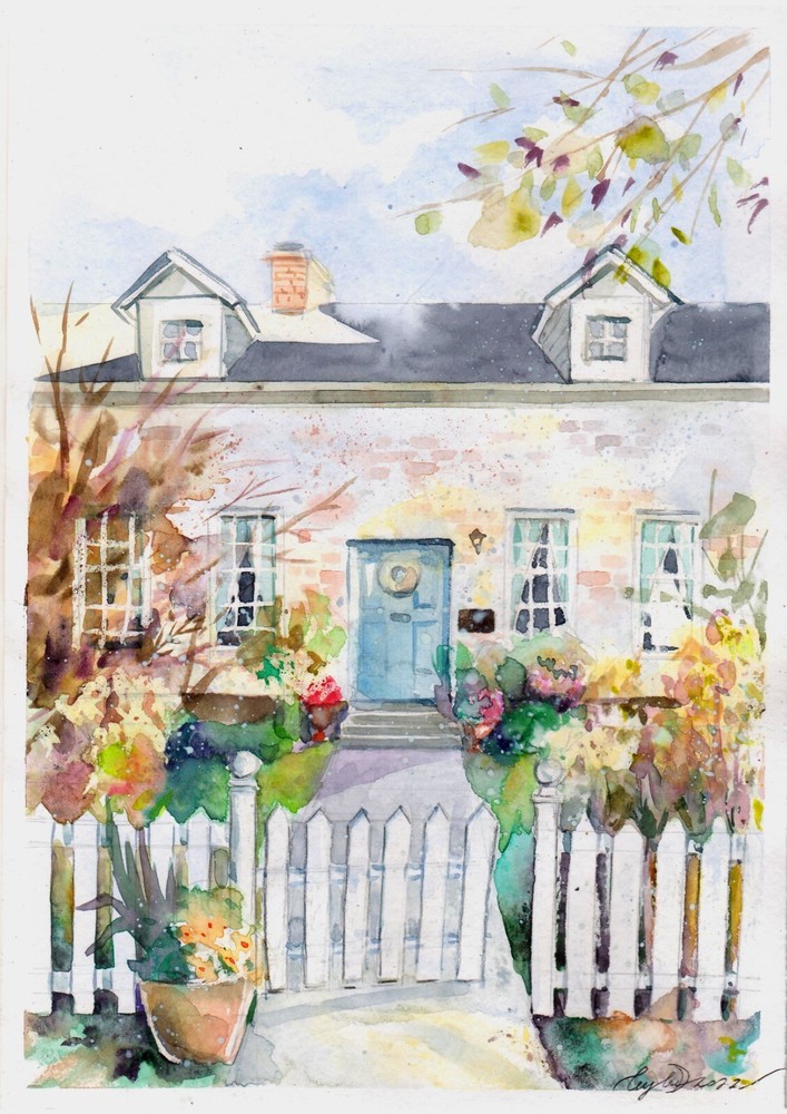 Watercolor Cottage Painting Summer Garden Art Original House Artwork