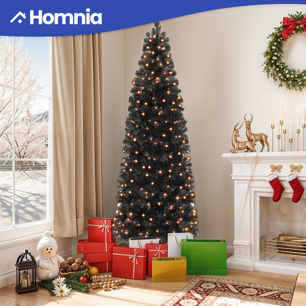 6 ft Prelit Black Pencil Christmas Tree with 200 Lights and 700 Branches for Slim Holiday Decor
