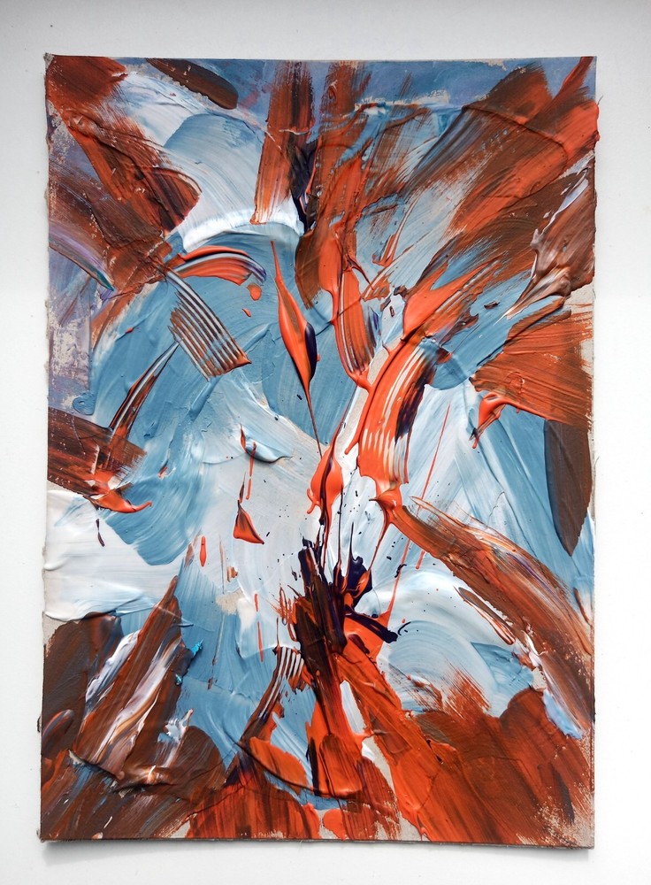 Original Abstract Artwork Fiery Red Cool Blue Brushstrokes Textured Acrylic