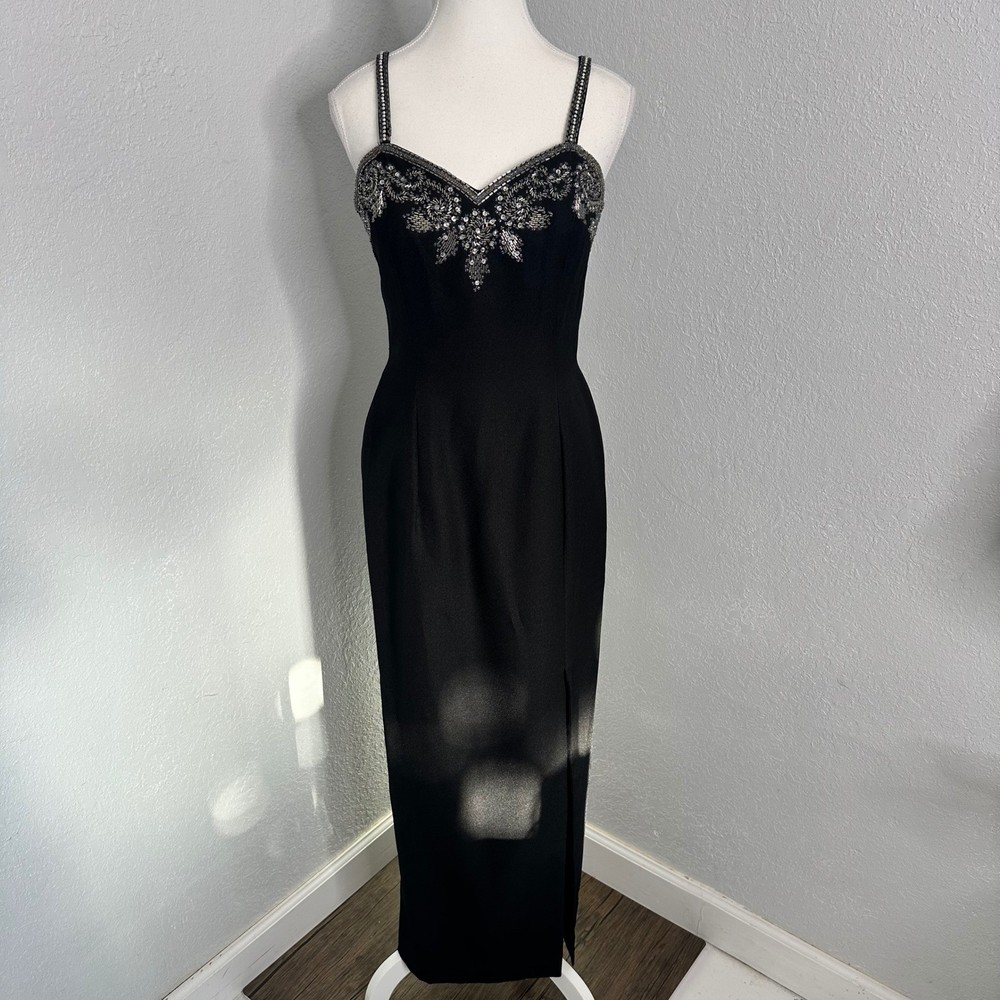 Alyce Vintage Beaded Formal silhouette Dress Sleeveless Black Maxi Gown Size 10