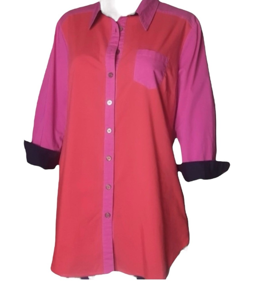 Soft Surroundings Womens Color Block Button Up Blouse L Pink Orange 3/4 Sleeve