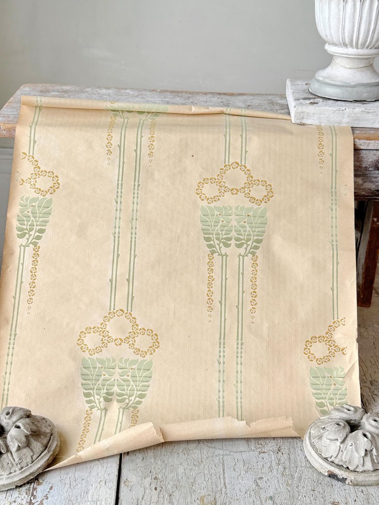 French 1910s Wallpaper Fragments Art Nouveau deco Bow Garland Design Soft Green