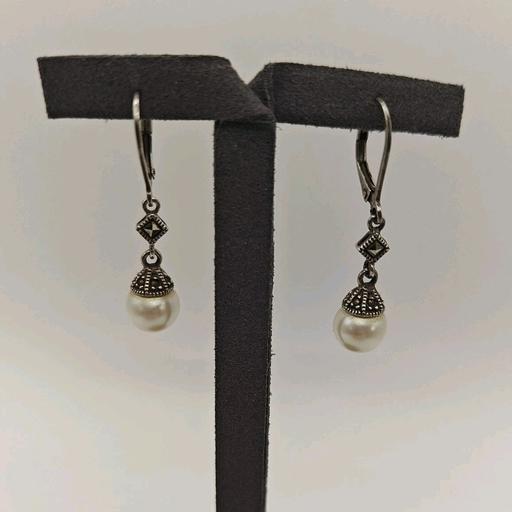 Vtg 2.67g JJ Judith Jack Faux Pearl Dangle Earrings