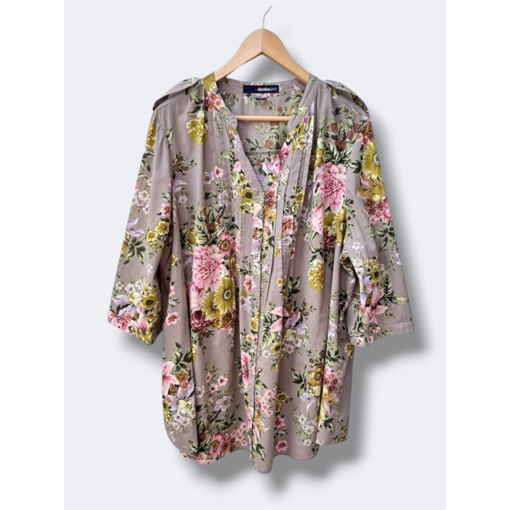 Denim 24/7 Tunic Top Women Plus Size 22W Gray Floral Pintuck Roll Tab Cotton