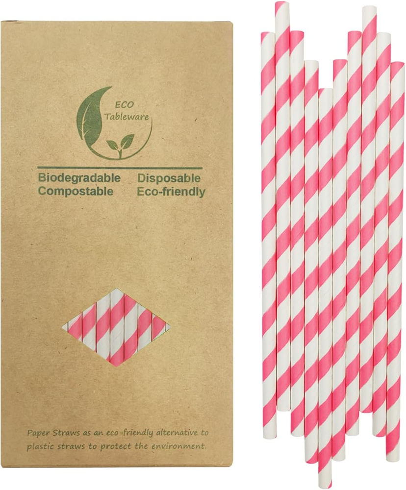 Hot Pink Striped Paper Straws, Disposable Bright Pink and White Paper Drinking S
