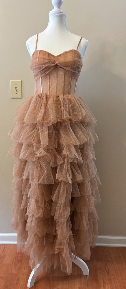 Women’s Nude Champagne Tulle Tiered Ruffle Corset Maxi Dress Formal Evening Gown