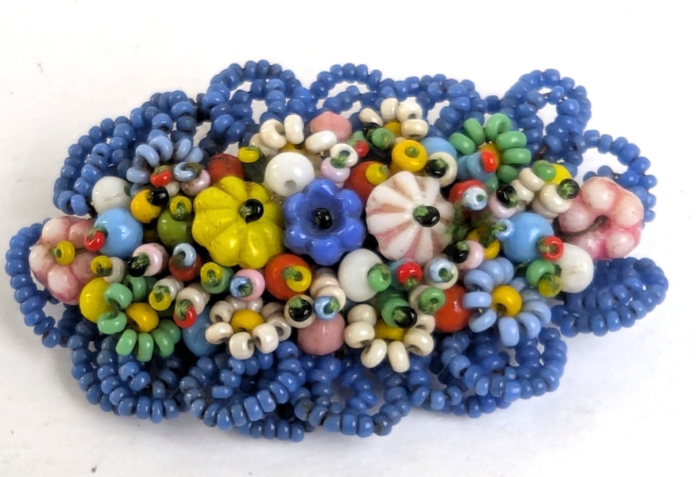 Vintage Early Hand Beaded Miriam Haskell Style Glass Flower Seed Bead Brooch