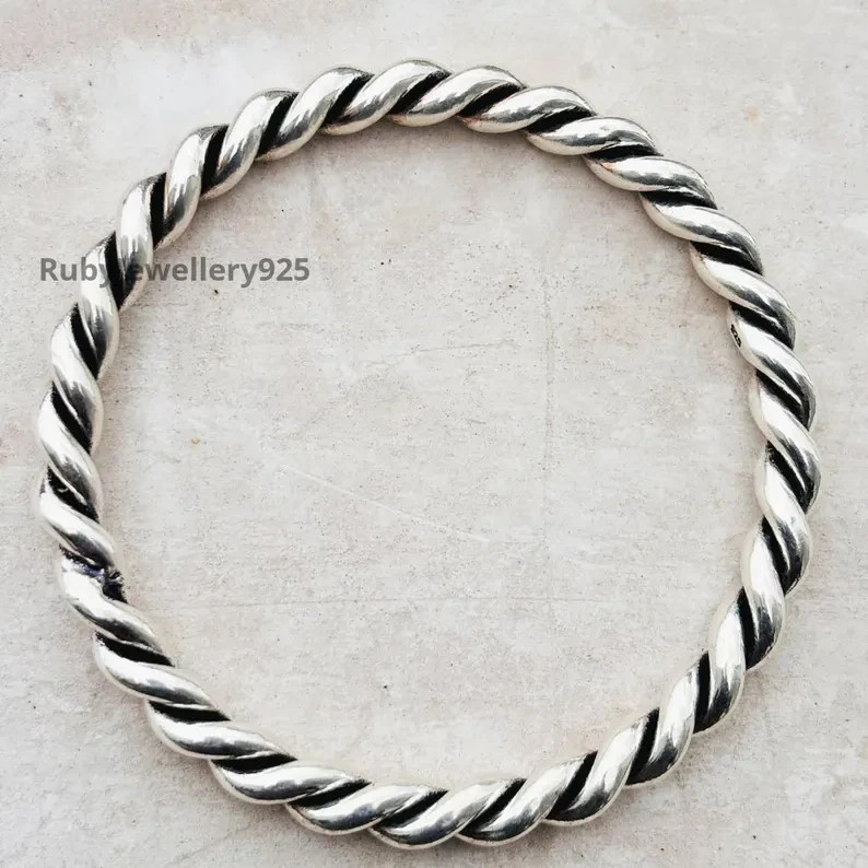 925 Sterling Silver Rope Twist Bangle: Handmade Twisted Cuff Bracelet Handmade S