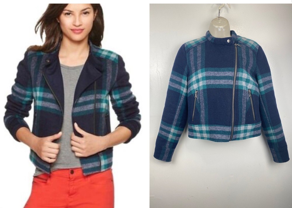Gap Navy Tartan Plaid Wool Blend Moto Jacket Coat Zip Quilted Womens Small (CL)