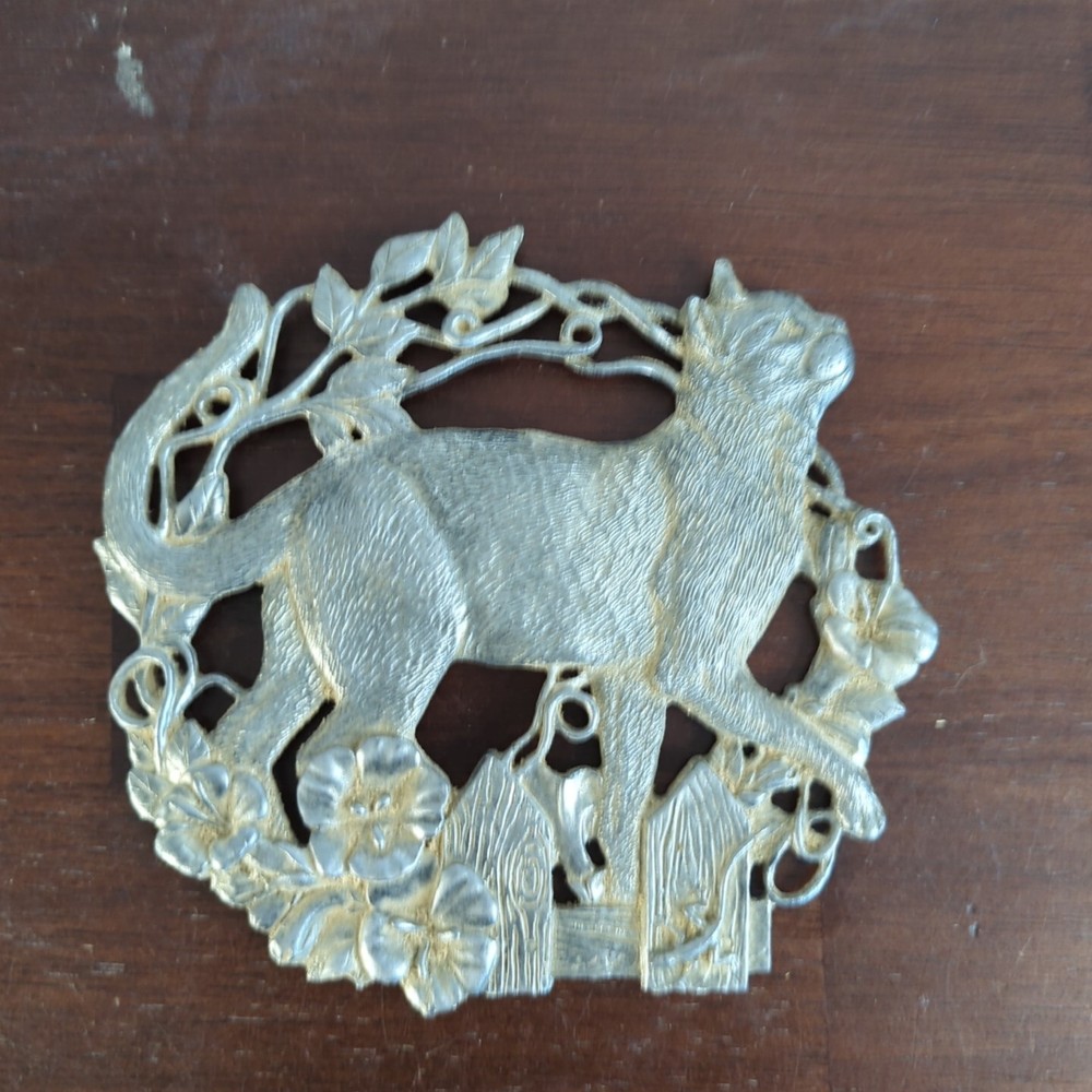 Vintage Pewter Cat Potpourri Dish or Trivet 5.25 Inch Garden Decor