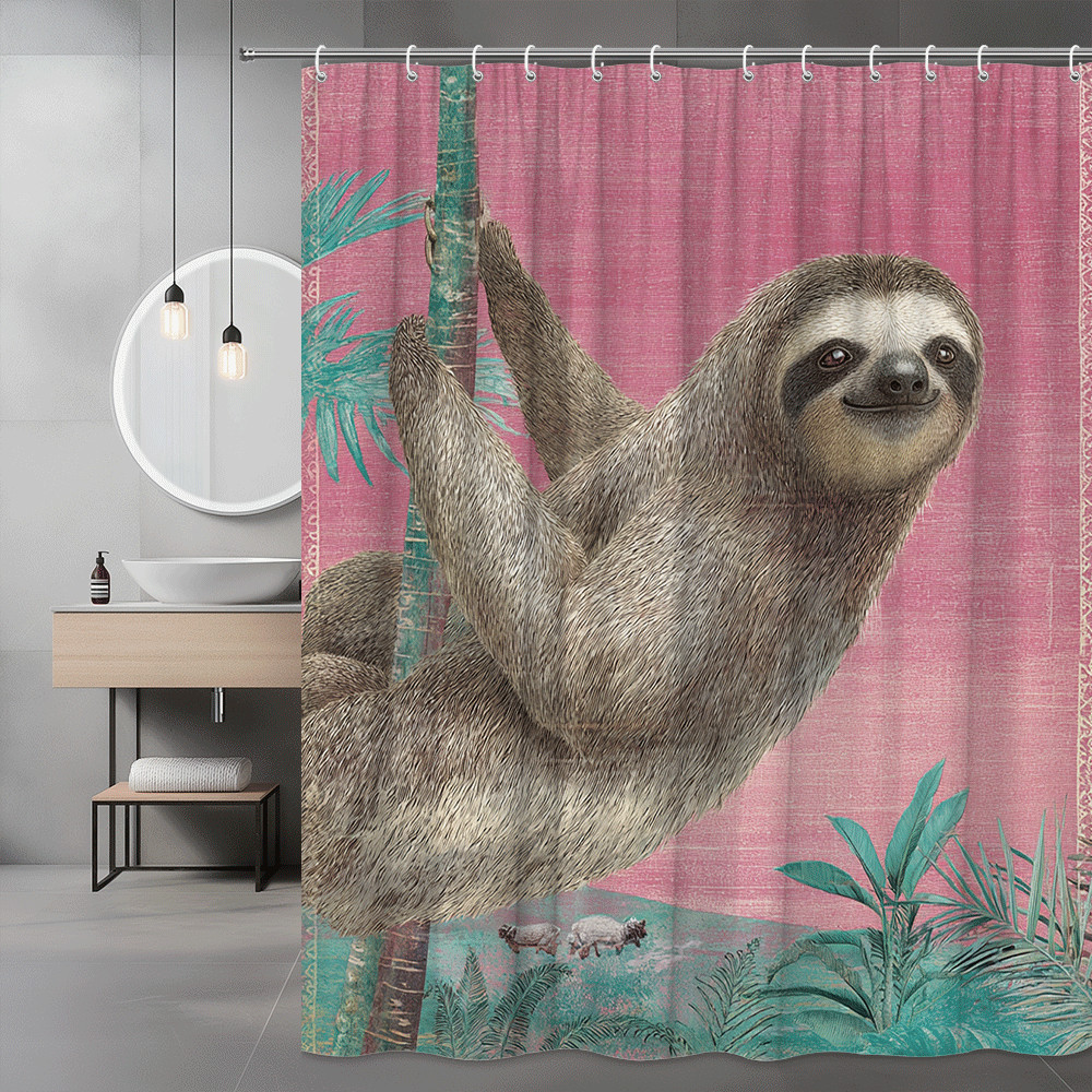 Sloth Tropical Shower Curtain Pink Palm Tree Print