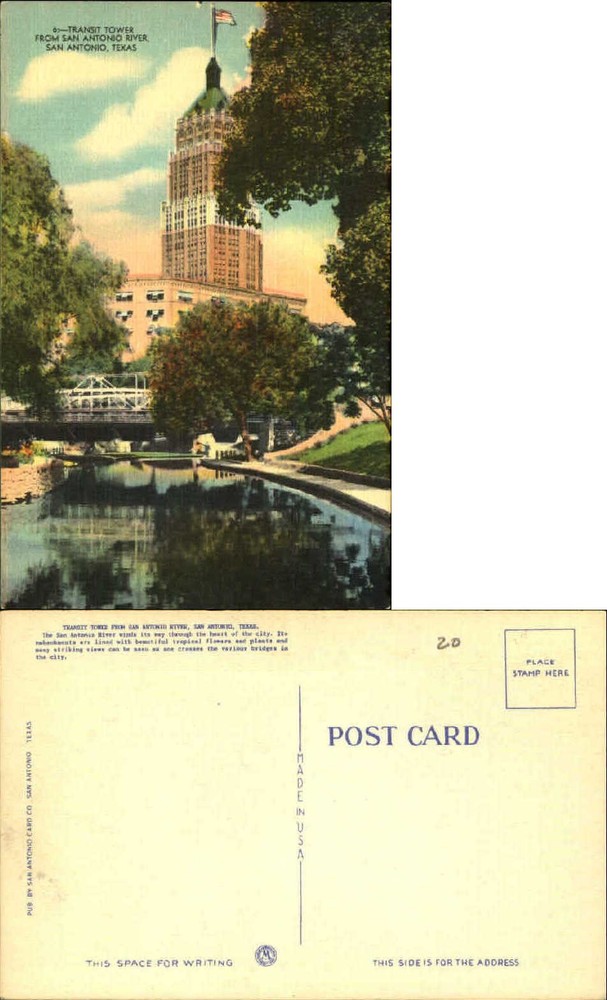 Transit Tower from San Antonio River Texas vintage postcard 1940s