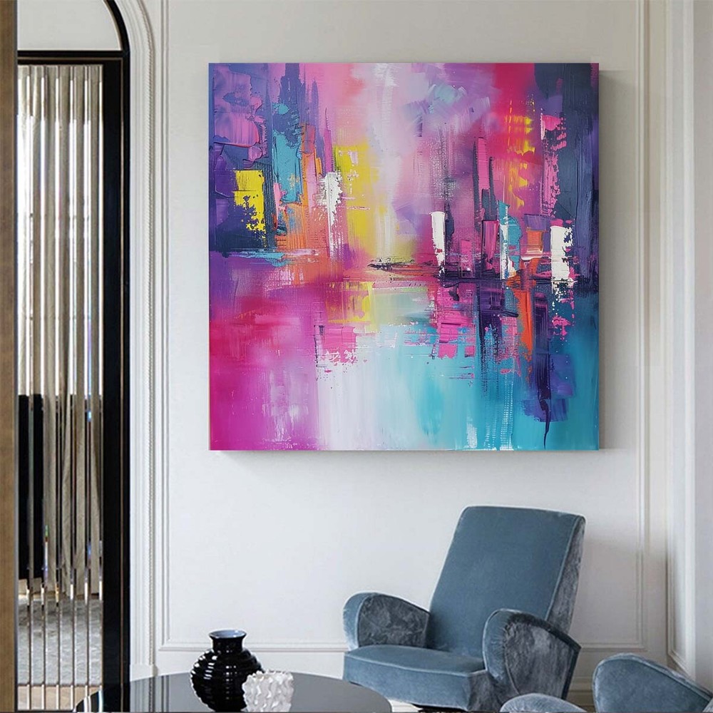 Hand Painted Abstract Wall Art Painting On Canvas Pink Blue City Picture Room