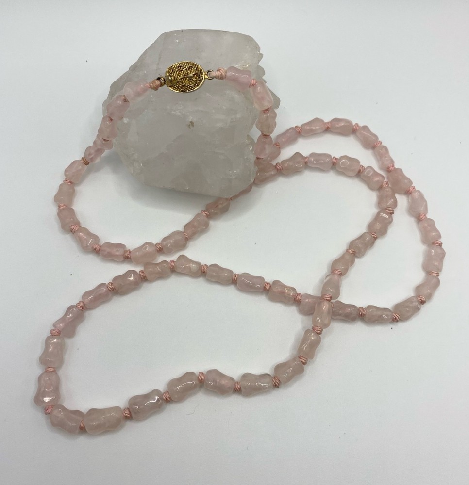 Knotted Cylindrical Bead Rose Quartz w/ Sterling Silver 925 Clasp 18” Necklace