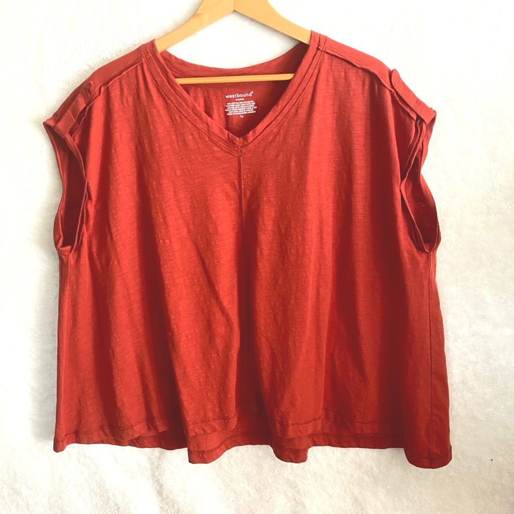 Westbound woman wide cute v-neck t-shirt tee gathered back size 1X rust boxy