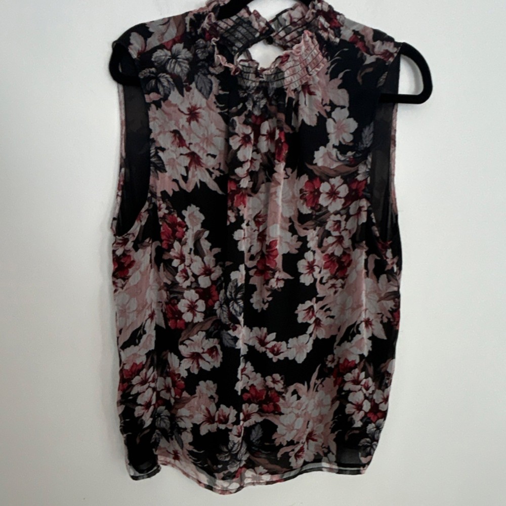 Women's Sleeveless Sheer Floral Chiffon Blouse S Black Pink Red White Ruffle Tie