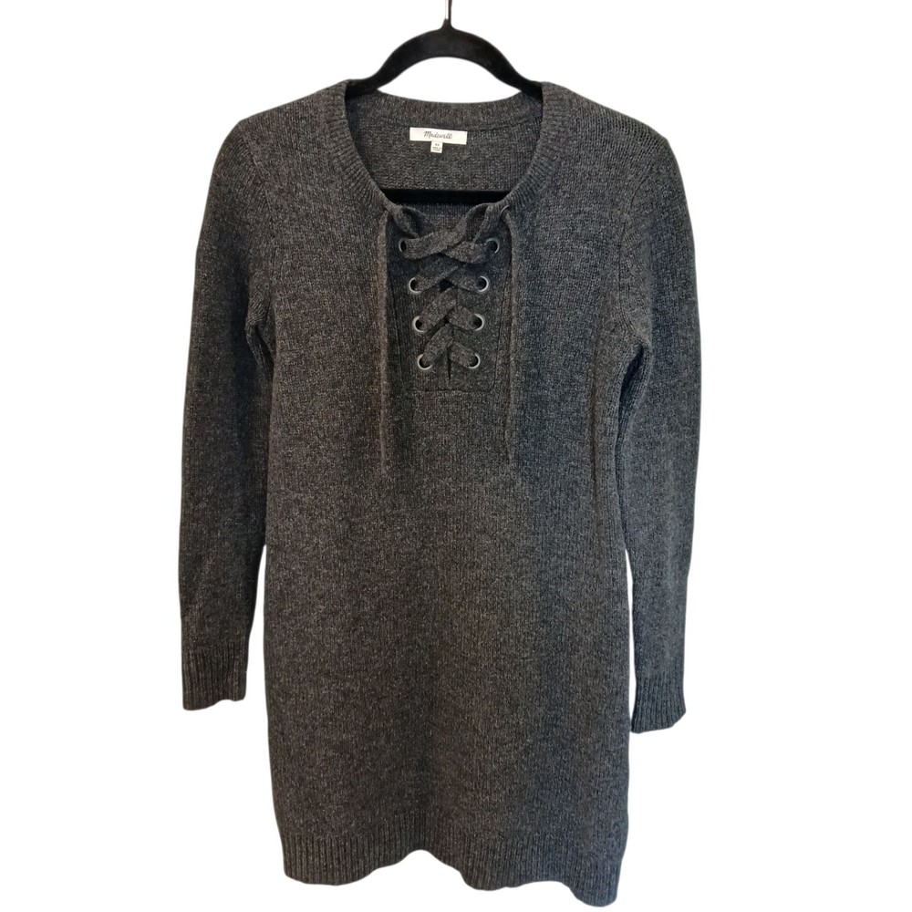 Madewell XS Merino Wool Long Sleeve Lace Up Front Sweater Dress Carbon Gray