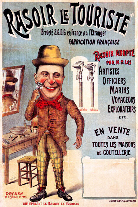 MAN SHAVING RAZOR BARBER SHOP RASOIR LE TOURISTE FRENCH VINTAGE POSTER REPRO