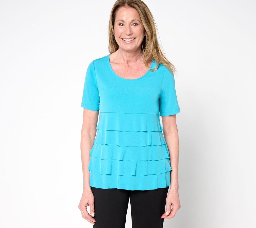 Susan Graver Women's Top Sz S Liquid Knit Short Sleeve Scoop-Neck Blue A684073