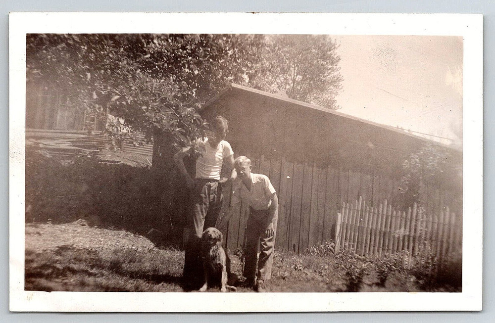 Vintage Photo Old Antique Outdoor Picture Family Backyard Boys Dog Home Fence