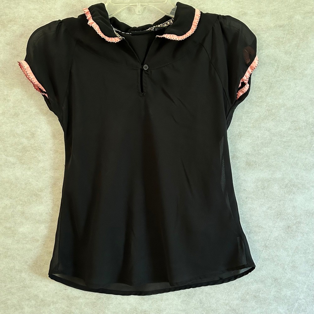 Mary-Kate and Ashley Girls Black Sheer Ruffle Blouse Pink Trim Size L 10/12 Y2K