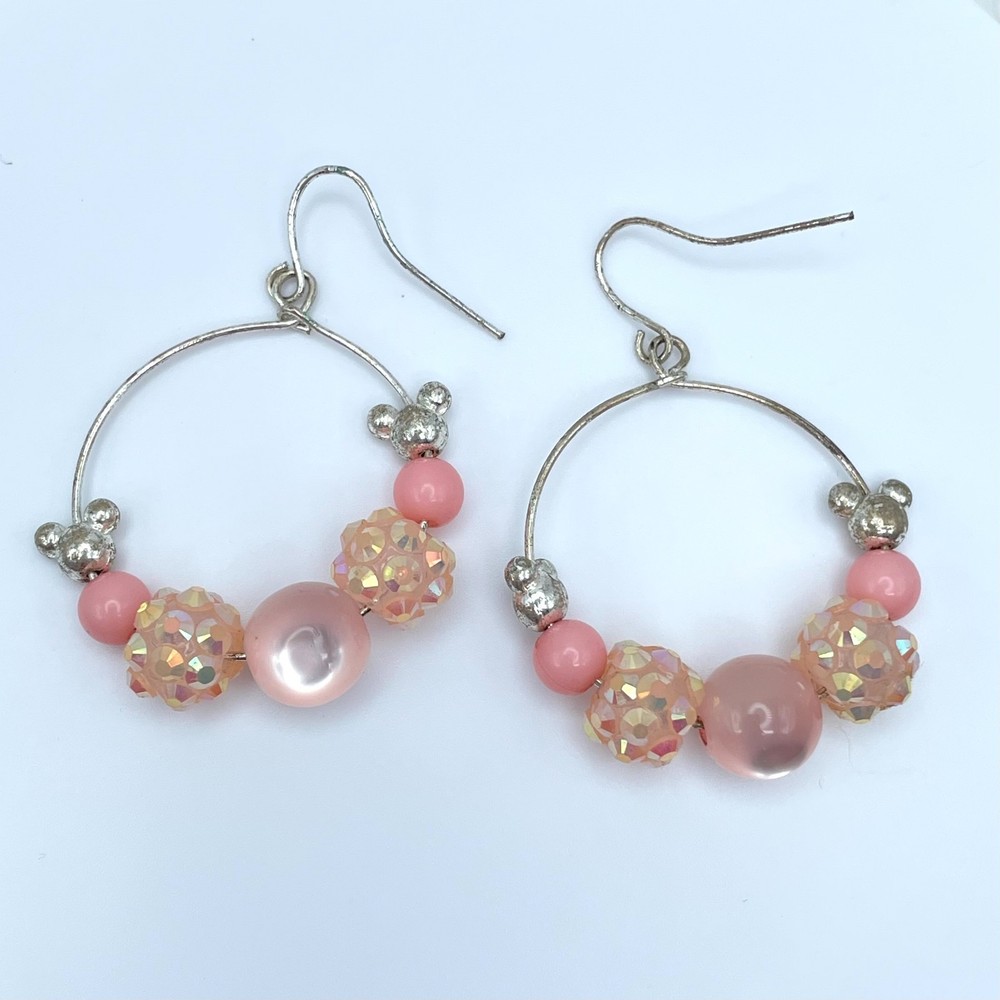 Vintage 90s Pink Iridescent Beaded Silver Tone Hoop Earrings Women's Jewelry