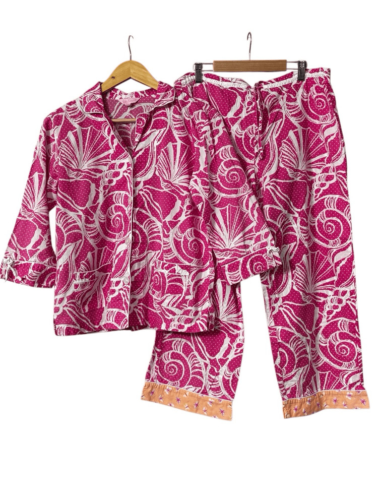 Lilly Pulitzer Sleepwear button down Pajama Set Seashell Dots Bright Pink White