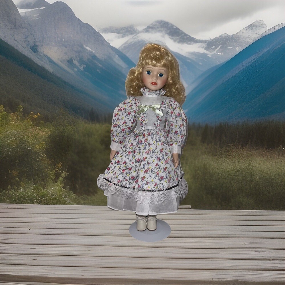 Beautiful Porcelain Doll with Stand Floral Dress Collectible Blond Blue Eyes 16”
