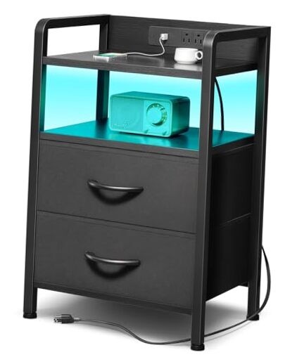 Black Nightstand with 2 Drawers & Built-in Charging Station for Bedroom