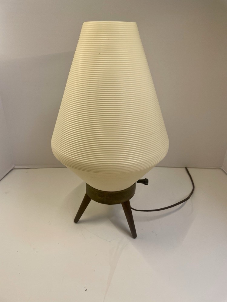 Vintage MCM White Atomic Beehive Ribbed Plastic Tripod Table Lamp WORKING
