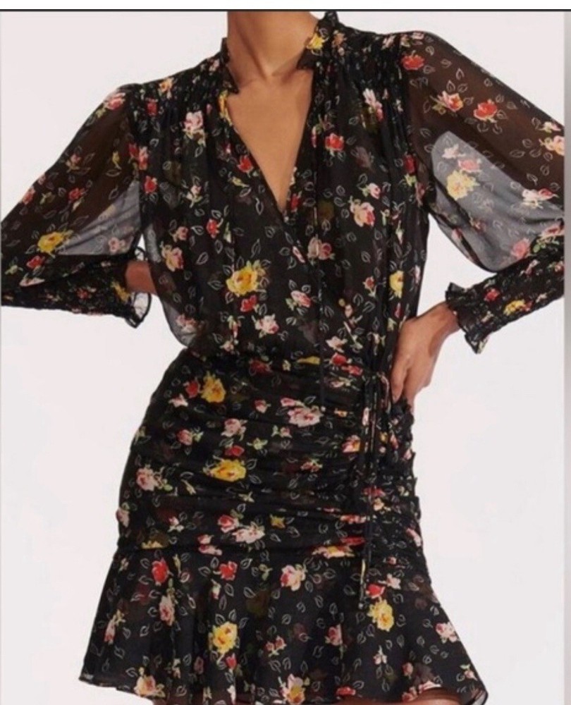 🖤 VERONICA BEARD Black Floral Print Ruched Smocked Silk Mini Dress 10 L