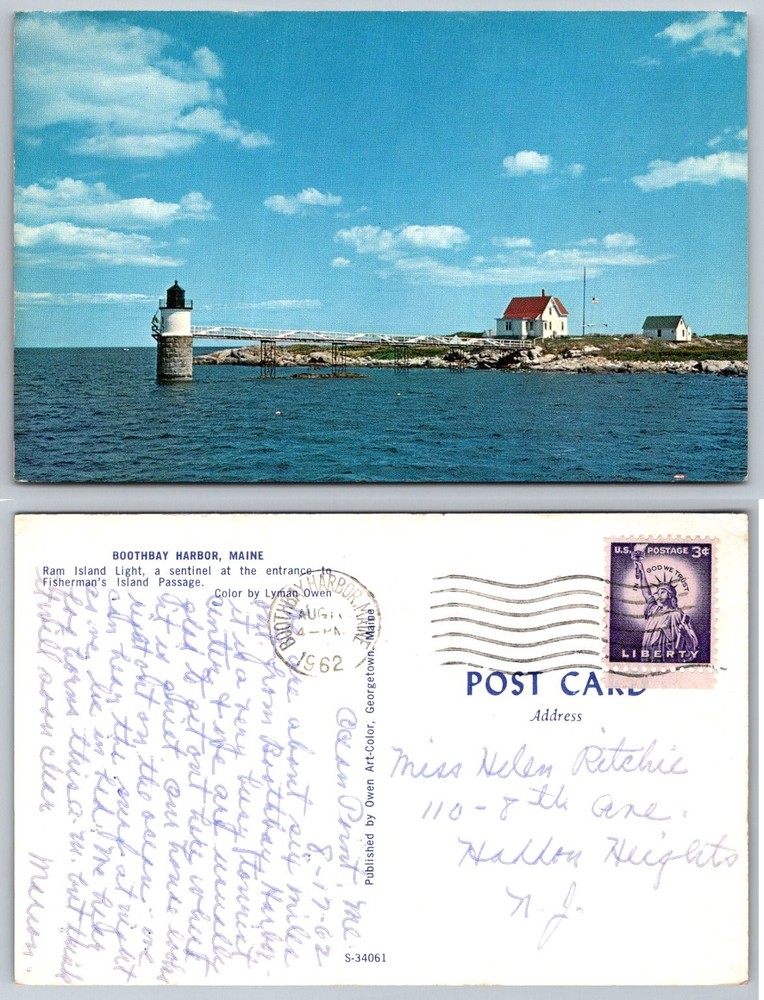 Ram Island Lighthouse Boothbay Harbor Maine Postcard 1962 Owen Art-Color