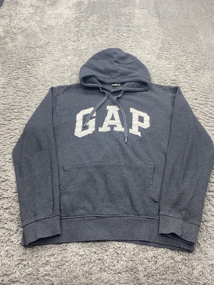 Vintage GAP Gray Fleece Hoodie Men Medium Arch Logo Spell Out Pullover