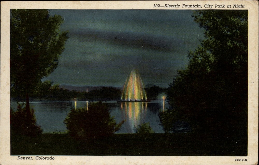 Denver Colorado Electric Fountain City Park night view 1949 vintage postcard