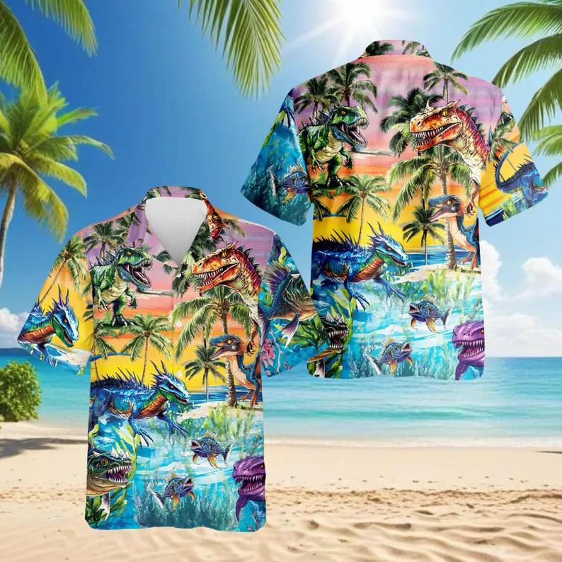 Dinosaur Hawaiian Shirt Tropical Dino Men Women Aloha Beach Summer