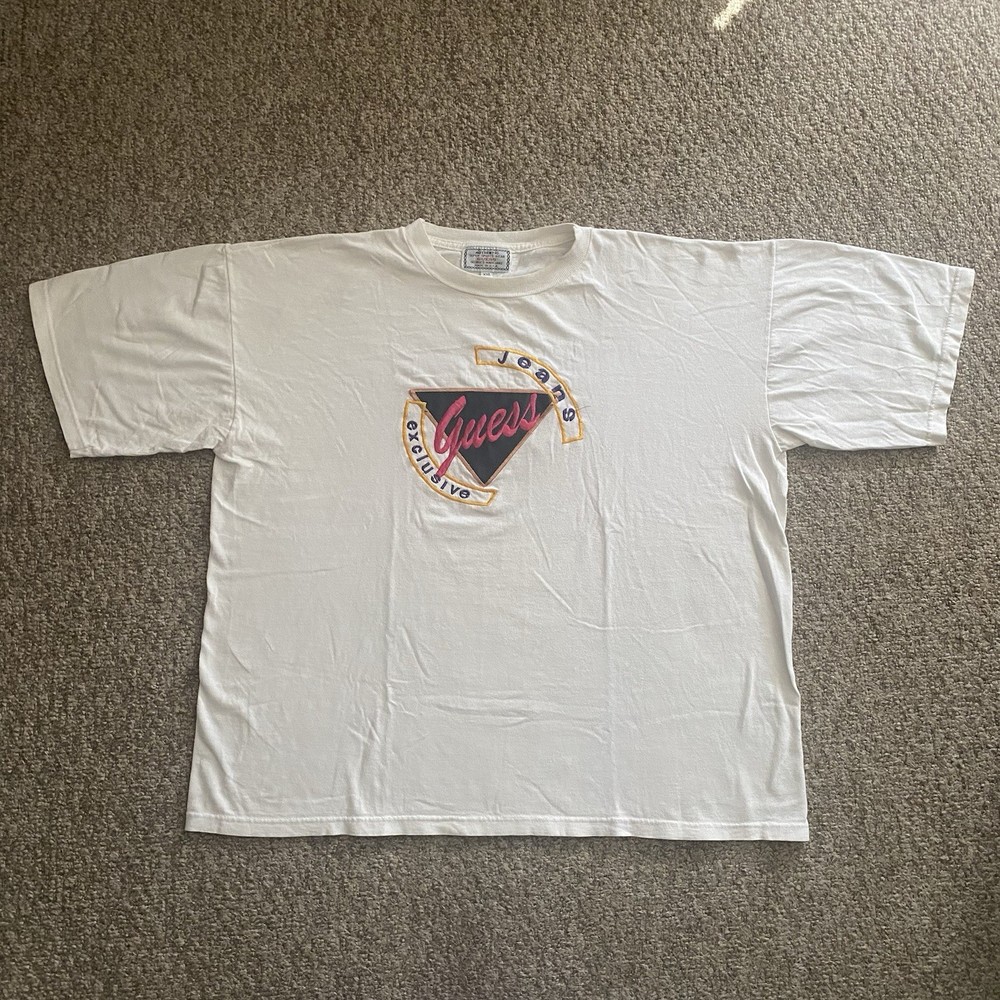 Guess Jeans T Shirt Mens 2XL White Shirt Sleeve Embroidered Logo Vintage READ